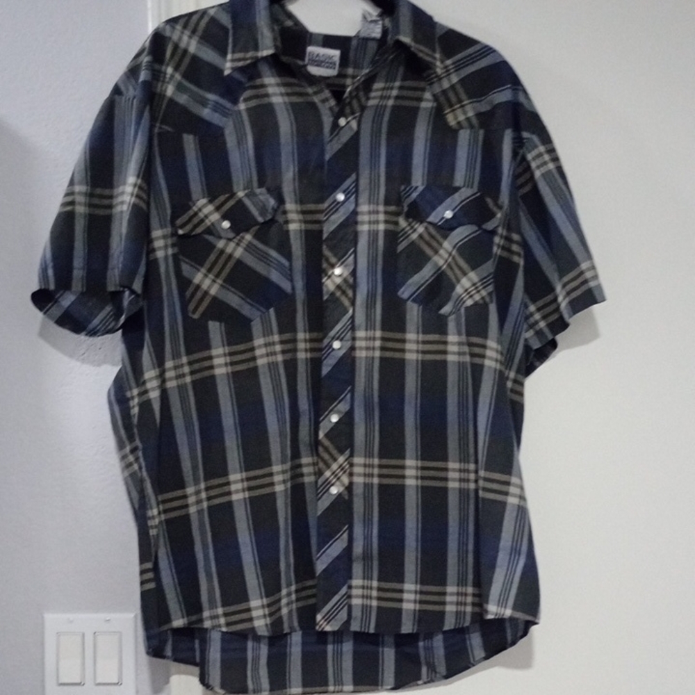 Vintage Basic Editions Men's Blue and Black Plaid Shirt Size XL